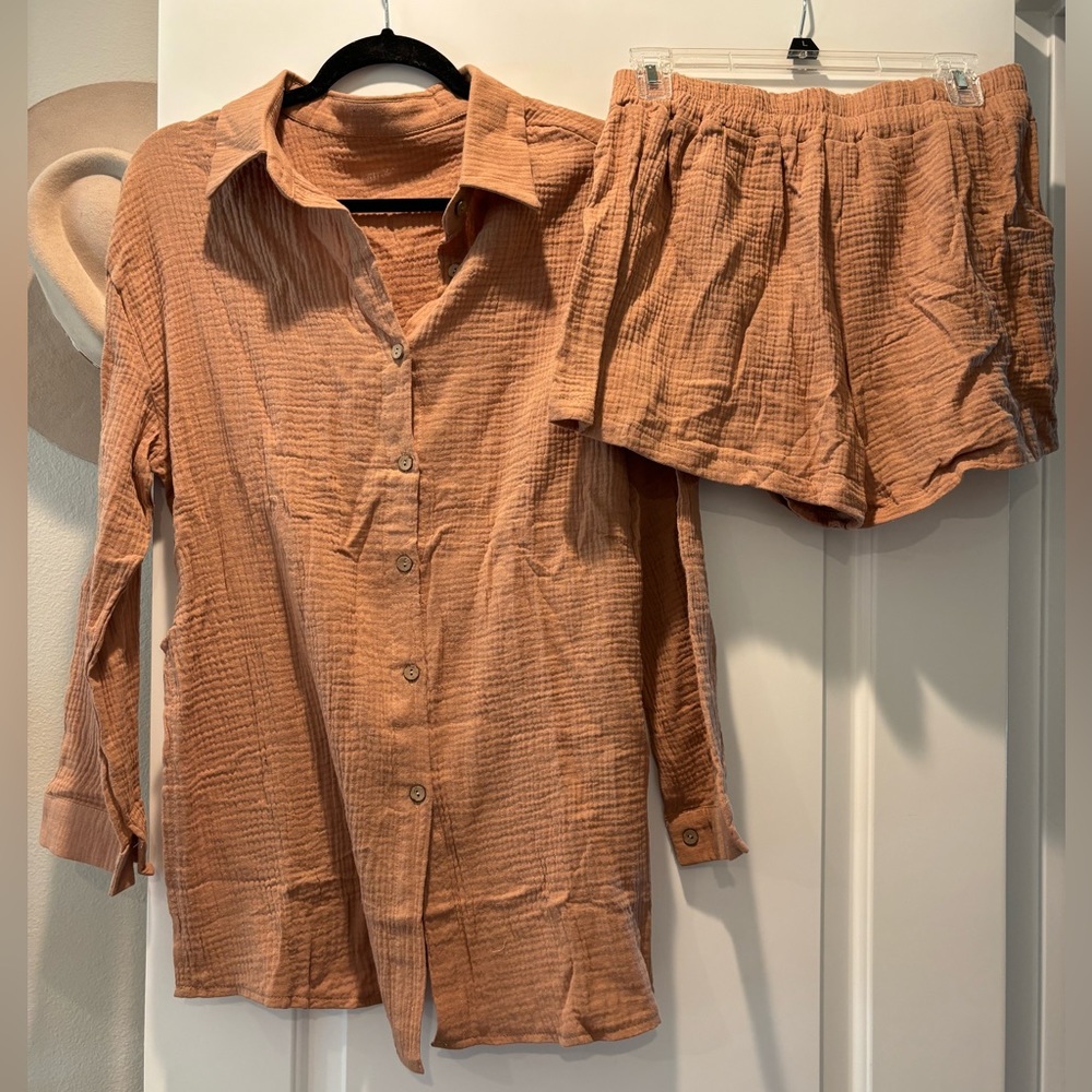 Brown matching set - shorts and button up